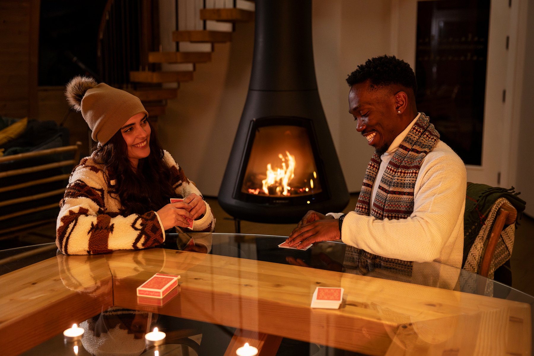 A couple on a winter's evening at Loch Ken Eco Bothies